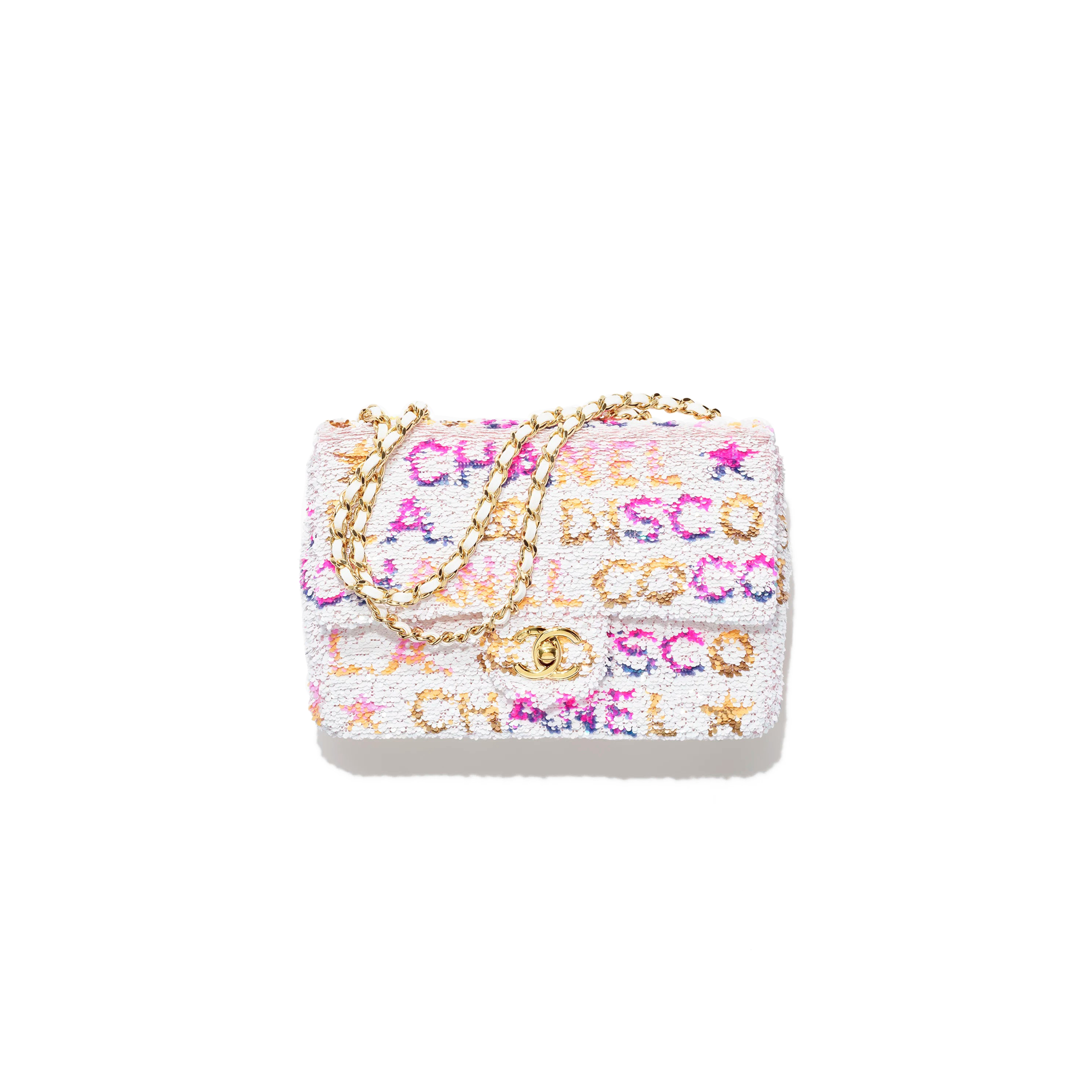 Ch*el sequin logo cc small single flap white multicolor (20*13*6cm)